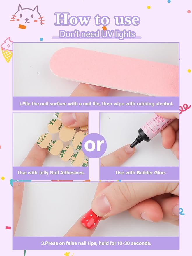 130 Pieces Press on Nails for Kids, EBANKU 5 Pack Kid Fake Nail Kit Old Cute Clouds Flower Heart Star Press on Nails for girls 8-12 Years with Jelly Nail Adhesives & Nail Builder Glue