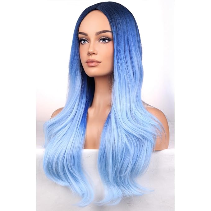 BERON Blue Wigs Long Wavy Wig for Women Girls Blue Ombre Colored Heat Resistant Synthetic Hair Wigs for Cosplay Party Daily or Use