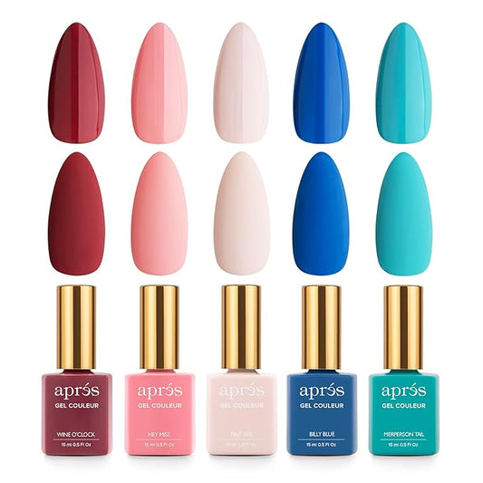 Apres Gel Couleur Combo Set, 5 Color Gel Nail Polish, Bright Nude Pastel Colors with Brush-X Nail Art Brush, 2024 Edition (Set 10)