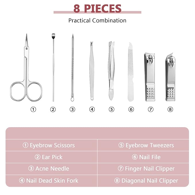 Geosar 12 Sets Manicure Set Nail Clippers Pedicure Kit 8 in 1 Stainless Steel Professional Grooming Kits Nail Care Tools with Travel Case for Men Women(Wine Red)