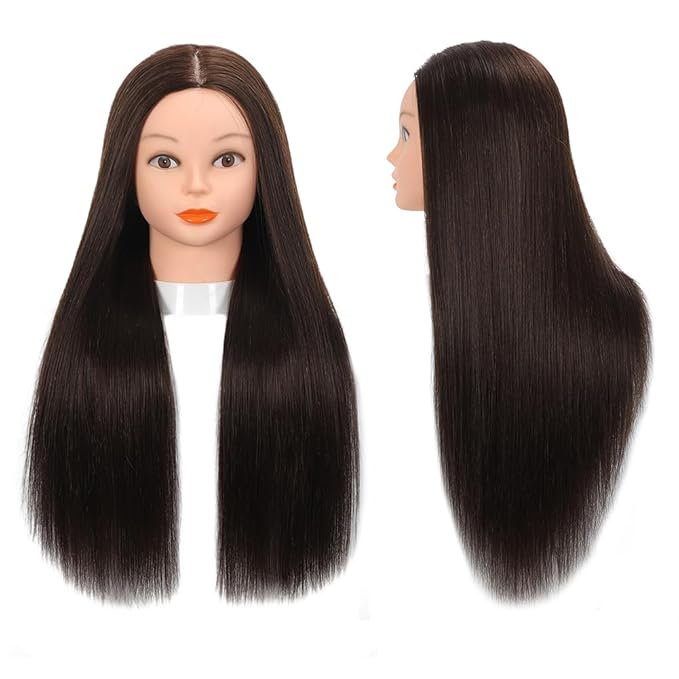 26”-28”Mannequin Head 80% Real Hair Manikin Head Cosmetology Doll Head for Styling Mannequin Head Human Hair (#4 Dark Brown)