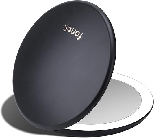 Fancii Taylor LED Lighted Travel Makeup Mirror, Rechargeable with 10x/1x Magnifying & 3 Light Settings - Compact, Portable, Large 5” Wide Hand Mirror for Handbag and Purses (Black)
