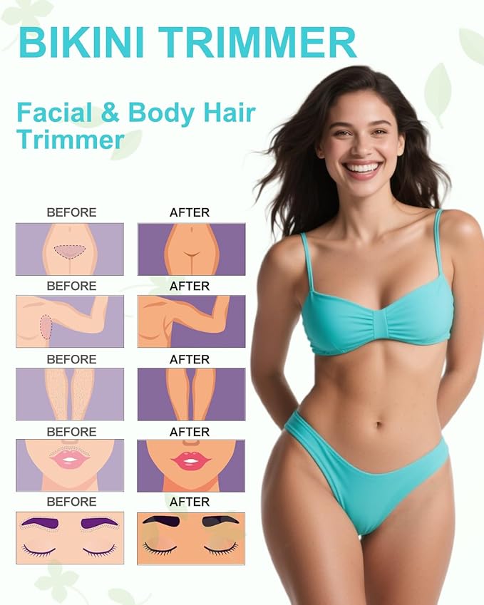 Bikini Trimmer for Women,3-in-1 Painless Electric Razors & Shaver Nose,IPX7 Waterproof,Body Hair Trimmer for Underarm/Pubic/Nose/Legs,USB-C Rechargeable Women's Grooming Kit(Green)