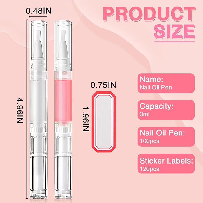 Nail Oil Pen 100Pcs 3ml Empty Cuticle Oil Pen Travel Transparent Twist Pens with Brush Tip for Nail Oil, Eyelash Growth Liquid Tube, Cosmetic Lip Gloss Container Applicators + 120pcs Label