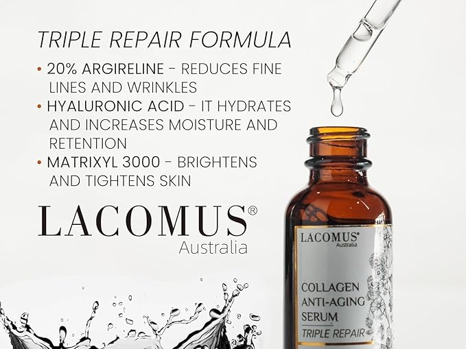 Organic Collagen Anti-Aging Serum | Triple Repair with 20% Argireline, Hyaluronic Acid and Matrixyl 3000 - Hydrating Formula for All Skin Types - Vitamin C Face Serum for Luminous Radiance