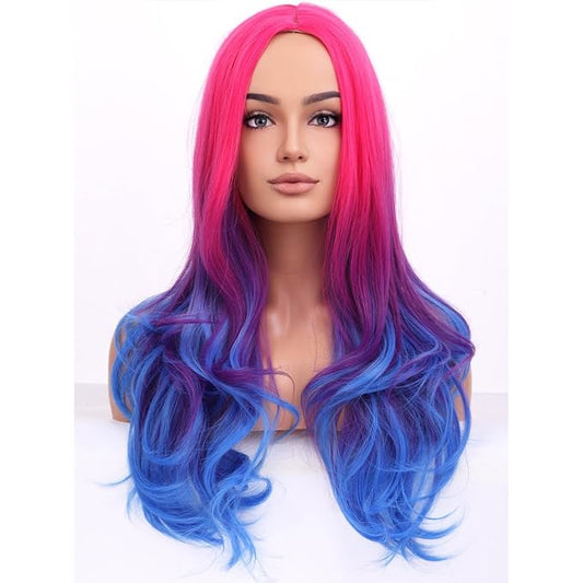 BERON Rose Ombre Blue Wigs Long Wavy Wig for Women Girls Hot Pink Blue Heat Resistant Synthetic Hair Wigs for Cosplay Party Daily or Use