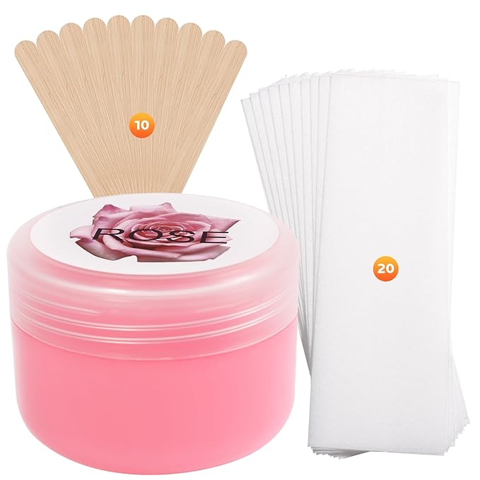 Sugar Wax Kit Suagring Kit: 150g/5.3oz Organic Sugaring Paste for Bikini & Sensitive Skin Hair Removal - Includes 10 Sticks & 20 Wax Strips (Rose)