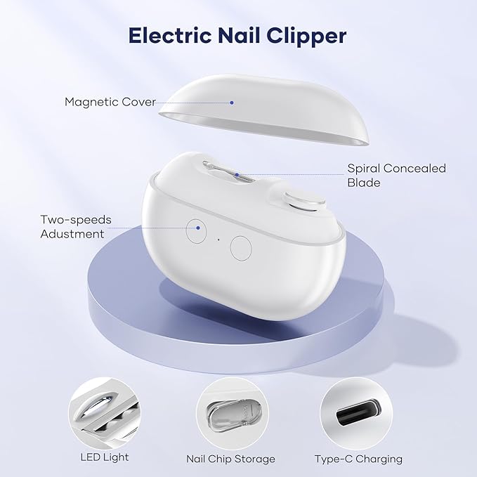 Acina 2025 Upgraded Electric Nail Clipper with LED Light & Clip Storage, USB Rechargeable Automatic Nail Trimmer for Baby Kids Adults Seniors, Portable Travel-Friendly Nail Clippers(White, Large)