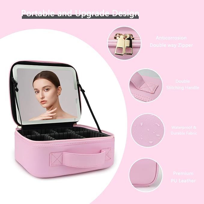 Travel Makeup Bag with LED Lighted Mirror,Cosmetics Organizer, Makeup Bag with 3 Color Lighted Setting, Portable Storage and Adjustable Dividers Travel Makeup Bag(Light Pink)