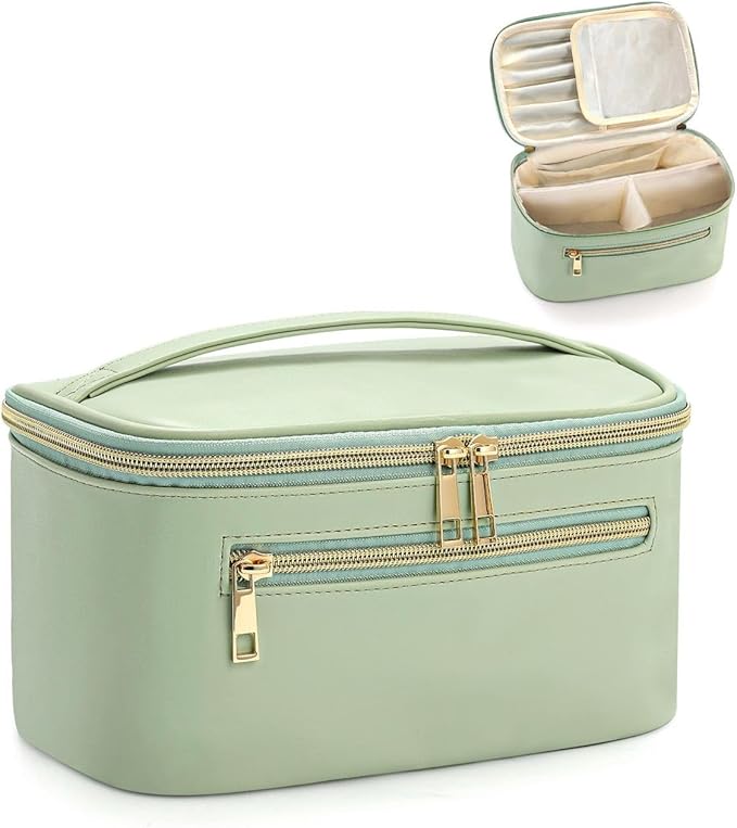 Travel Makeup Bag Organizer, Large Capacity Cosmetic Pouch for Women, Waterproof Make Up with Divider, Clamshell Makeup Case Make Up Bag with Handle and Metal Zipper, Travel Essentials Green