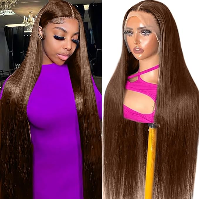 13x6 Chocolate Brown Lace Front Wigs Human Hair with Baby Hair 200 Density Straight Brown Lace Frontal Human Hair Wigs Pre Plucked Hairline 4# Brown Color 34 Inch