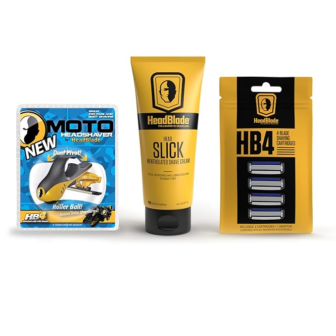 Moto Men's Head Shaving Starter Kit with HeadSlick Shaving Cream, Shaving Razor, Blade Refills (8 ounce HeadSlick)
