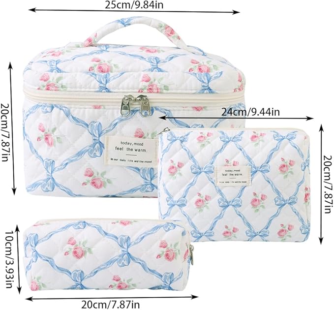 Makeup Bag, 3 PCS Quilted Makeup Bag, Cute Floral Cotton Cosmetic Bag set, Coquette Makeup Pouch Large Travel Toiletry Bag