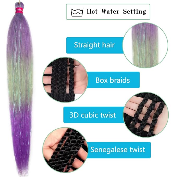 Upgraded Braiding Hair Extension Mix Tinsel, Pre Stretched Braiding Hair for Braiding Twist Braids Itch Free Hot Water Setting Yaki Straight Synthetic Hair