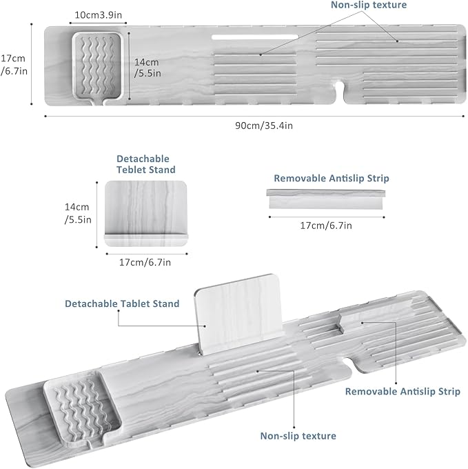 Luxury Bathtub Caddy Tray, Made of Stainless Steel and Silicone, Waterproof, Anti-Bending, Solid Bath Tray for Tub, Ideal Gift for Woman and Man Relaxing, 35.4×6.7 inches