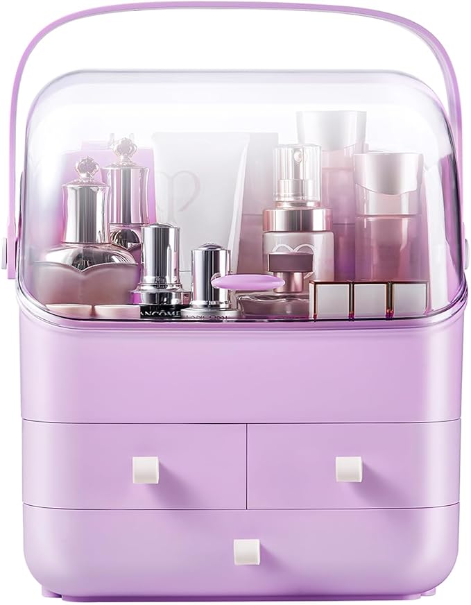 SUNFICON Preppy Skincare Organizers Makeup Organizer Holder Beauty Cosmetic Storage Box Large Display Case Dust Free Cover Portable Handle 2 Rroomy Drawers Gift Great For Bathroom Countertop Purple