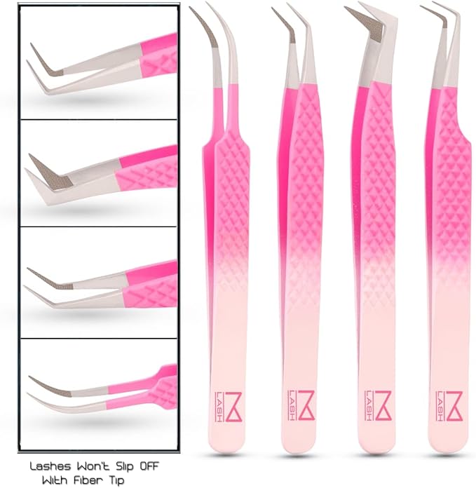 M LASH Tweezers for Eyelash Extensions (Set of 4) - Professional Lash Extension Tweezers - Fiber Tip, Japanese Steel, Diamond Grip Eyelash Extension Tweezer (Ombre)