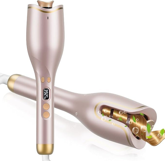 Automatic Hair Curler Auto Rotating Curling Iron with 4 Temps & 8 Timers(12s-19s), LCD Display, 1" Barrel | Dual Voltage Fast Heating, Anti-Scald & Auto Off for Home Salon & Travel Use(Rose Gold)