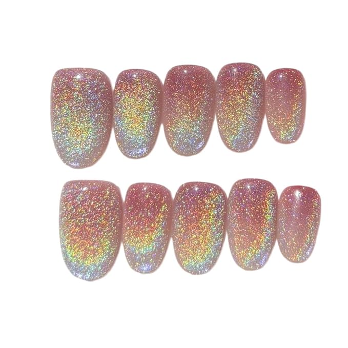 Press on Nails Handmade Nails 3D Press on Nails Short Medium Oval Almond Nails Fake Nails Glitter Cat Eye Nails Gel Nails Durable Reusable False Nails 10 Pcs (Dream Dazzle, S)