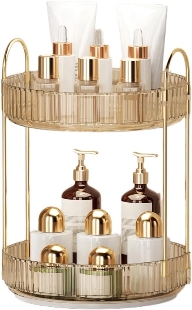 360° Rotating Makeup Organizer for Vanity - 2 Tier Perfume Organizer with Large Capacity - Skincare Organizer for Bathroom Counter - Space-Saving Cosmetic Storage for Dresser Countertop (Gold)