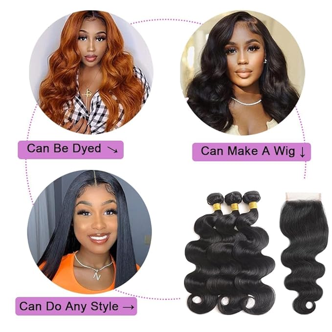 Bundles with Closure Human Hair Body Wave 16 16 16+14 Inch 100% Unprocessed Brazilian Virgin Human Hair 3 Bundles with Closure Human Hair Extensions with 4x4 Free Part Lace Closure Natural Black
