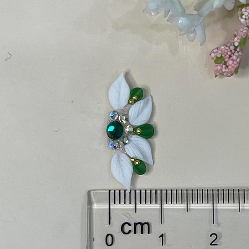 Set 8Pcs 3D Acrylic White Green Flower Christmas Nail Art Charms Handmade by Acrylic Powder HaFLoNa Flowers NAils (White Green Flower Christmas 8Pcs)