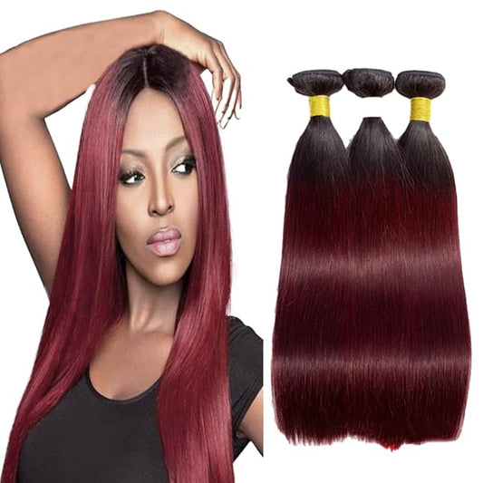 Ombre Human Hair 1B99J Straight Bundles Two Tone Black to Burgundy Bundles Brazilian Human Hair Weave Soft and Silky for Women 24 26 28 Inch