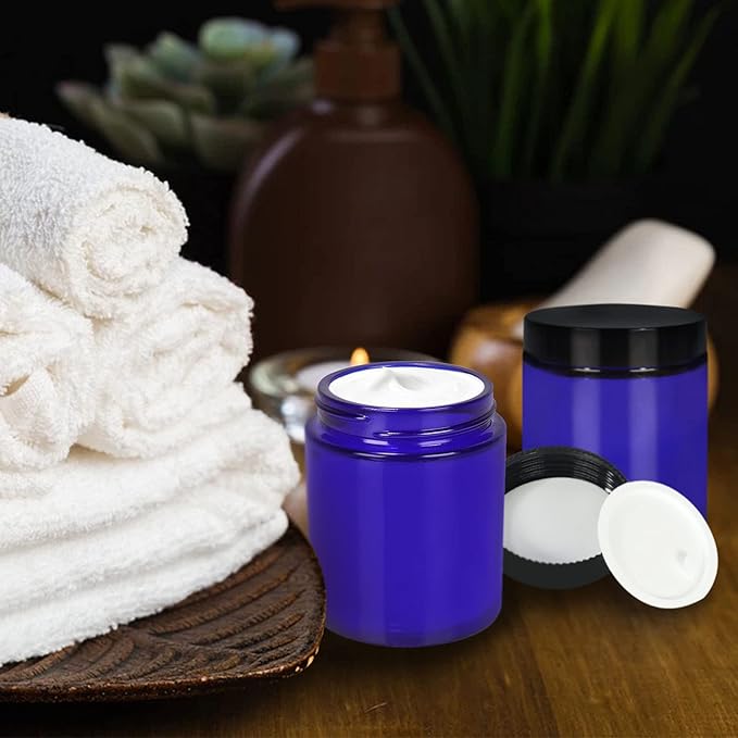 Betrome 24 Pack 8oz Blue Glass Jars with Black Plastic Lids, Round Empty Cosmetic Jars for Beauty Items, Craft, Food Storage, Canning