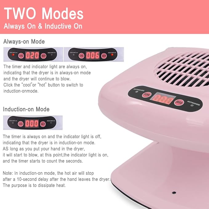 Air Nail Dryer, Pink 300W Infrared Sensor 2 in 1 Automatic Induction Cold Hot Air Nail Polish Drying Fan Wind Blower Dryer for Regular Nail Polish, Home and Salon Use