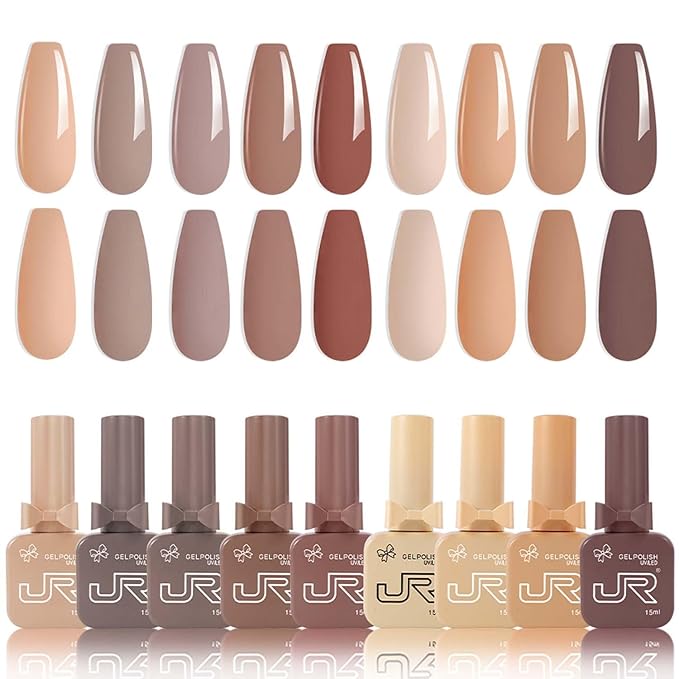 JR 9pcs 15ml gel nail polish set Including Red Pink Nude Gel Polish Kit UV LED Soak Off Polish Home DIY Gift B