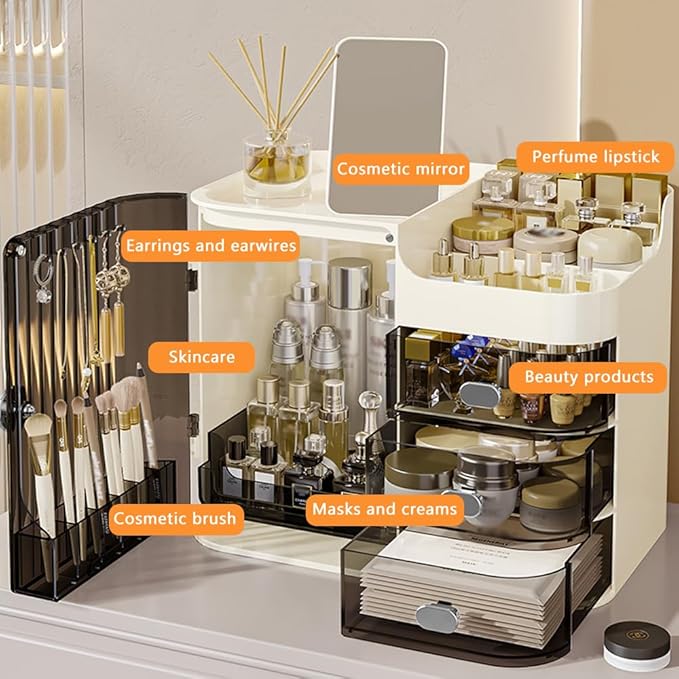 Cosmetics Display Case with Mirror, Large Capacity Cosmetic Storage Box with Drawers, Dust and Waterproof Makeup Organizer, Skincare Jewelry Storage Box for Bedroom, Bathroom (Transparently black)