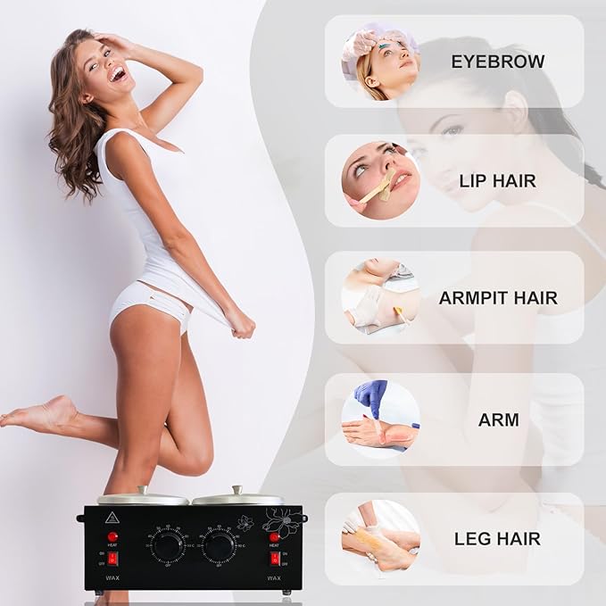 Black Double Pots Wax Warmer Professional Melted Wax Beads for Hair Removal,Fast Electric Wax Heater with Adjustable Temperature Set for Women (Black-Double Pots)