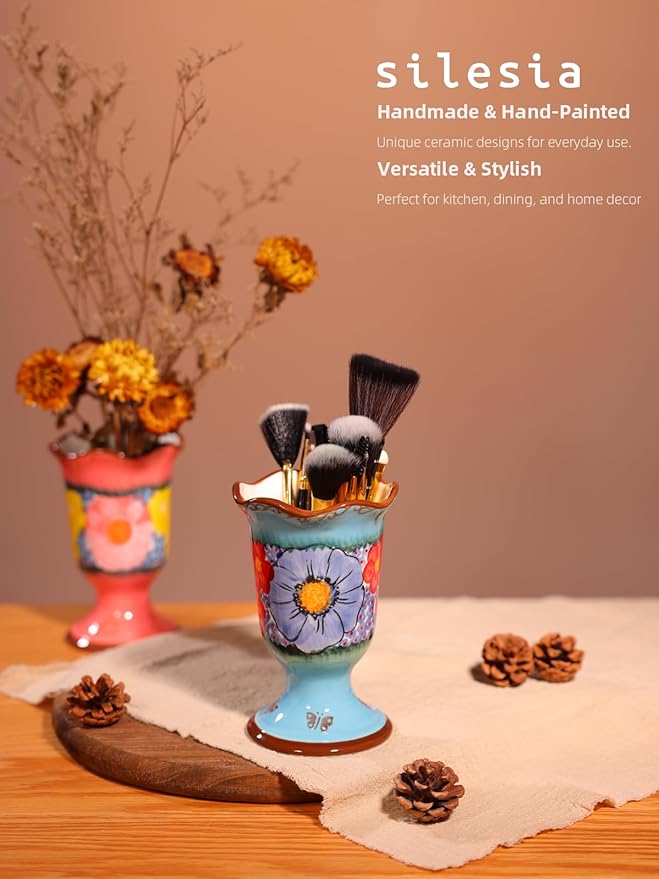 Handmade Home Desktop Storage Cups, Ceramic Hand-Painted Makeup Brush Holder Organizer, Pen Holder, Toothbrush and Toothpaste Holders, Small Plant Pots Indoor with Drainage, Glazed Blue