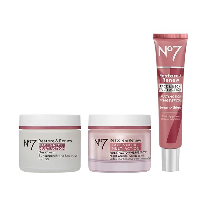 No7 Restore & Renew Face & Neck Multi Action Skincare System - SPF 30 Day Cream with Vitamin C & Collagen Peptides + Anti Aging Facial Serum + Hyaluronic Acid Hydrating Night Cream (3 Piece Kit)