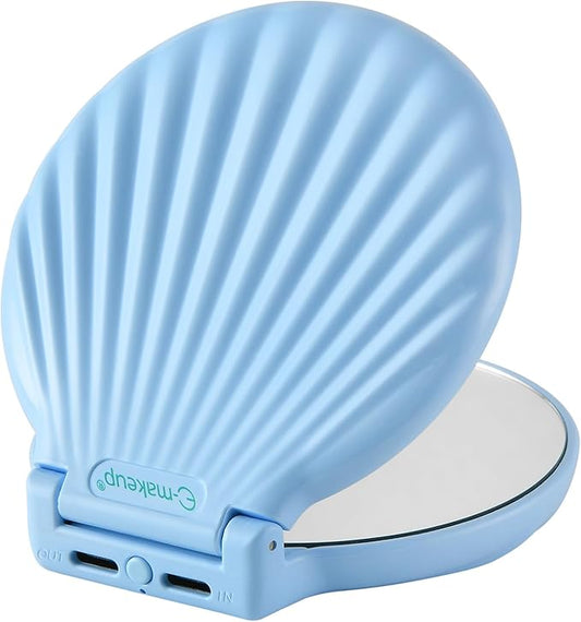 for Mom - Shell Compact Mirror Led Lighted, Magnifying Travel Mirror 10x 2X, Unbreakable Pocket Mirror for Women, Unique Mirror for Purse, Gifts for Birthday Holiday, Blue Color
