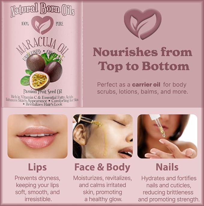 Natural Born Oils 4oz Maracuja (Passion Fruit Seed) Oil, 100% Pure and Natural, Organic, Cold-pressed, Unrefined, Rejuvenating, Includes Pump & Dropper