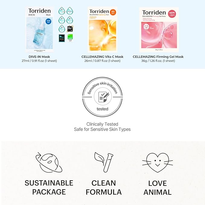 Torriden Special Mask Set (15 sheets) | DIVE IN Hyaluronic Acid Mask (5 sheets) + CELLMAZING Vita C Mask (5 sheets) + CELLMAZING Collagen Firming Gel Mask (5 sheets) | Korean Face Mask