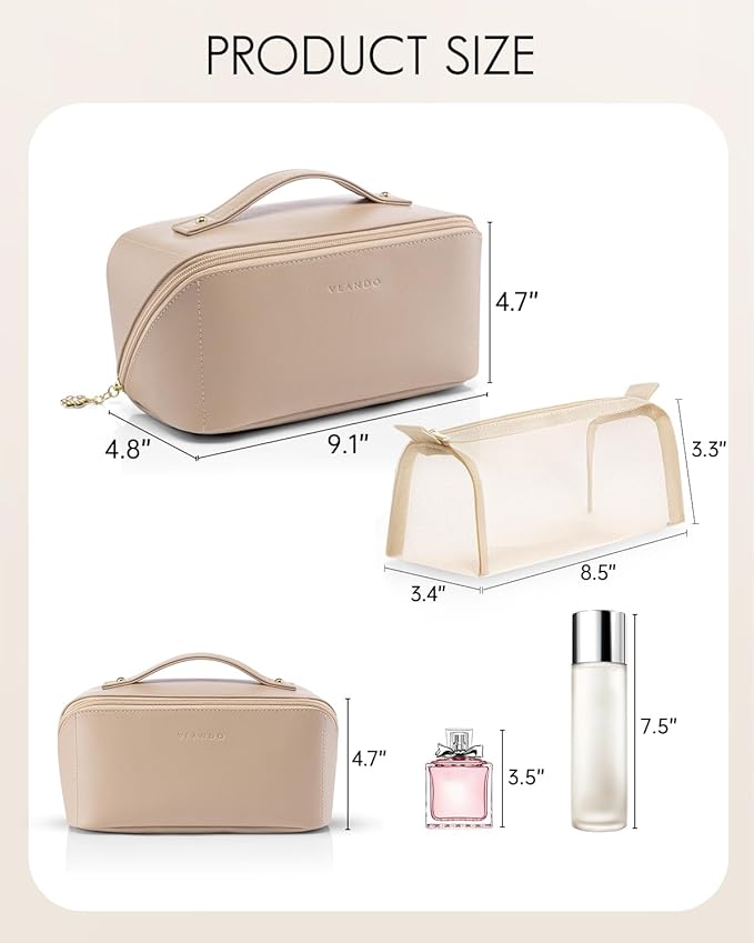 Vlando Makeup Organizer Bag,Mothers Day Gifts,Travel Makeup Bag for Women Waterproof Portable Make up Bag PU Leather Open Flat Cosmetic Bag for Travel Essentials, Gifts for Women(Toffee)