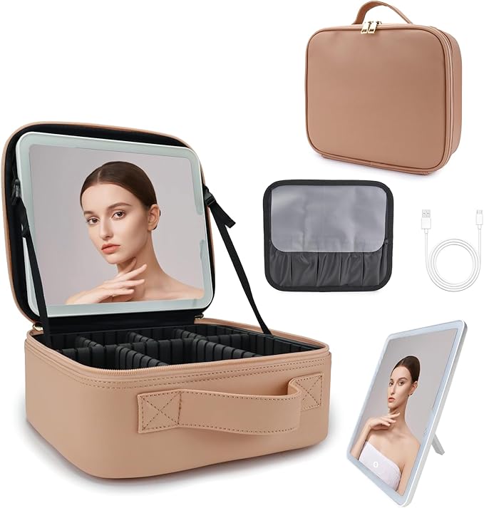 Travel Makeup Bag with LED Lighted Mirror,Cosmetics Organizer, Makeup Bag with 3 Color Lighted Setting, Portable Storage and Adjustable Dividers Travel Makeup Bag(khaki)