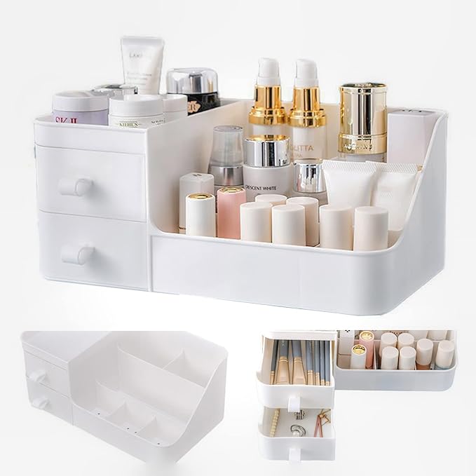 skin care organizer,Makeup Desk Organizer With Drawers,Countertop Organizer for Cosmetics,Vanity brush with Holder for Lipstick, Brushes, Eyeshadow, and Desktop (polar white)