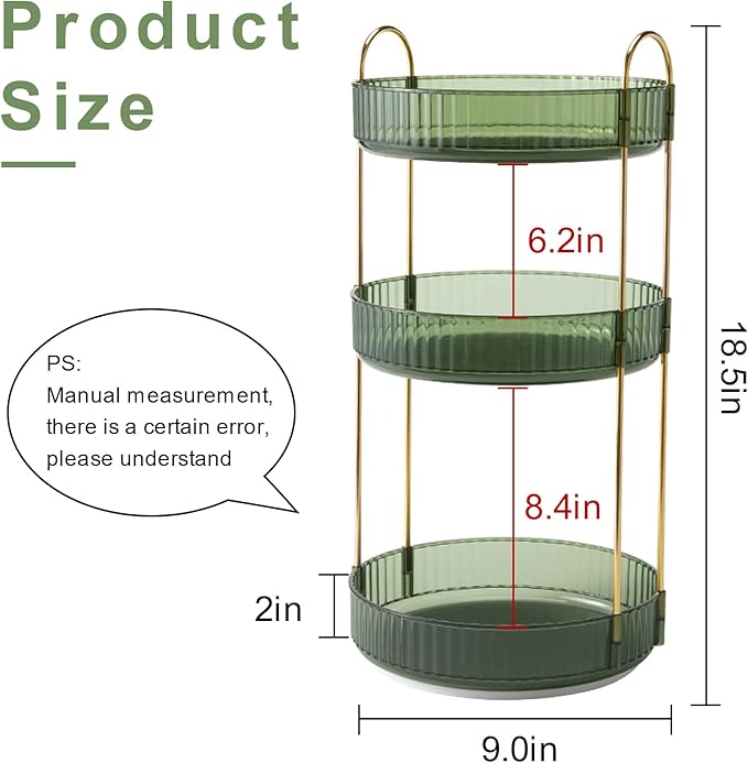 360° Rotating Makeup Organizer, Bathroom Make Up Spinning Holder Rack, Large Capacity Cosmetics Storage Vanity Shelf Countertop, Fits Cosmetics, Perfume, Skincare(3 Tiers, Green)