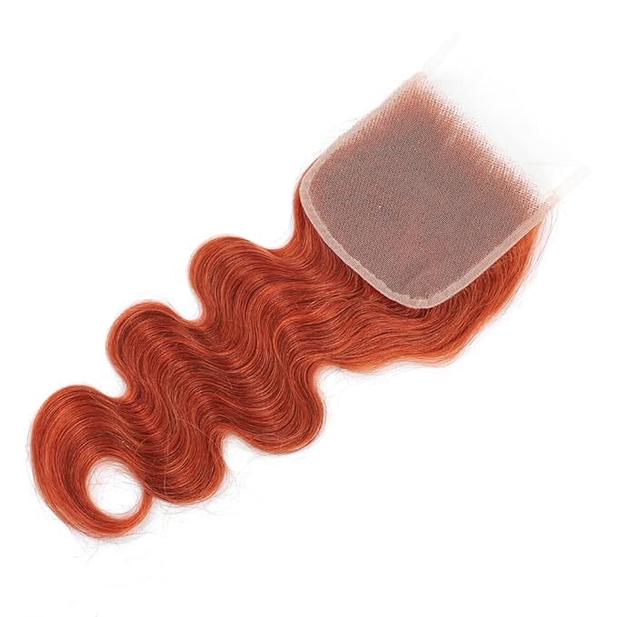 REMY HAIR Human Hair Bundles with Closure Body Wave #350 Ginger Orange Brazilian Human Hair Bundles Curly Wave Hair Extensions 16 18 20 Inch with Closure 14