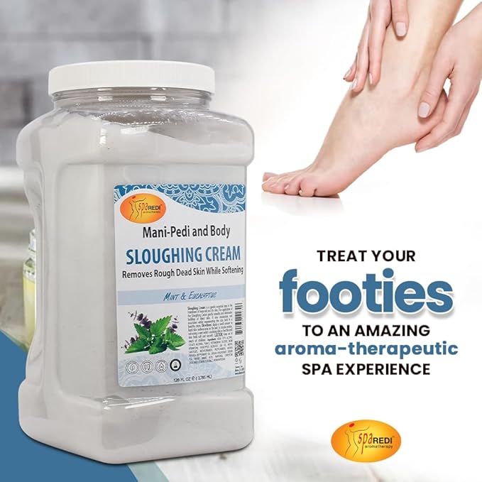 SPA REDI - Foot Cream, Sloughing Lotion, Mint and Eucalyptus 128 Oz - Pedicure Massage Foot Care for Dry Cracked Feet, Scrub Gently, Exfoliating, Smooths and Eliminates Buildup of Dead Skin