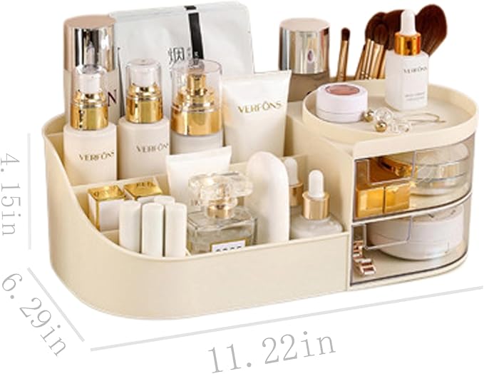 skin care organizer,Makeup Desk Organizer With Drawers,Countertop Organizer for Cosmetics,Vanity brush with Holder for Lipstick, Brushes, Eyeshadow, and Desktop Finishing Dresser (D-polar white)