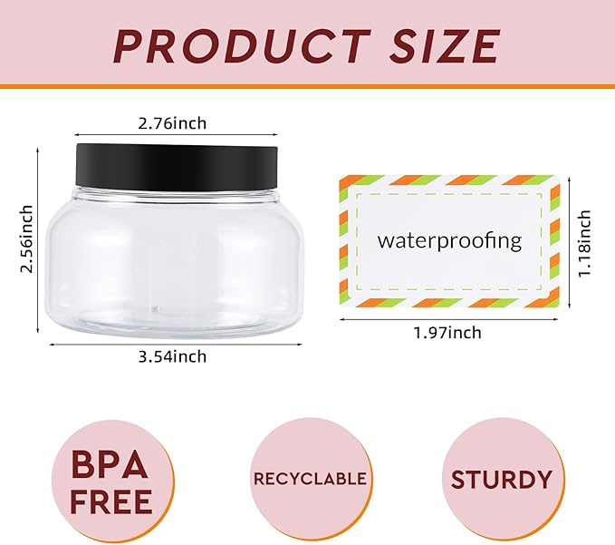 48 Pack 8 Oz Plastic Containers With Lids and Waterproof Label BPA Free - Refillable Transparent Cosmetic Containers for Body Butter,Sugar Scrubs,Cream,Lotions,Candy,Bath Salt (48, Clear)