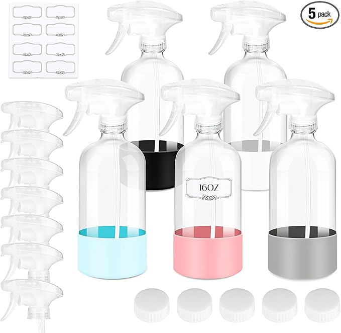 5 PACK/16 OZ Glass Spray Bottles with Upgraded Adjustable Spray Nozzle，Refillable Containers with Silicone Sleeve,Spray Bottle for Hair&Cleaning Solutions&Essential Oils-Pink Blue Gray Black White