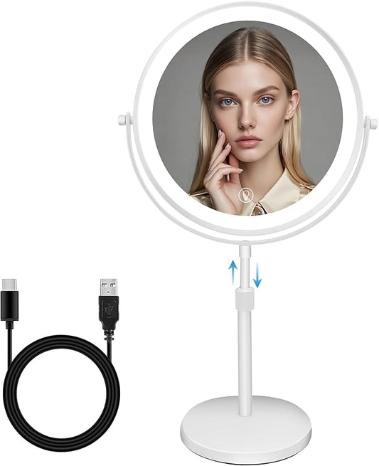 10x Large Lighted Makeup Mirror, Rechargeable 8.7" Double-Sided Vanity Mirror with 3 Color Dimmable Lights, 1X/10X Height Adjustable Magnifying Mirror, 360° Swivel, for Women Girl(White)