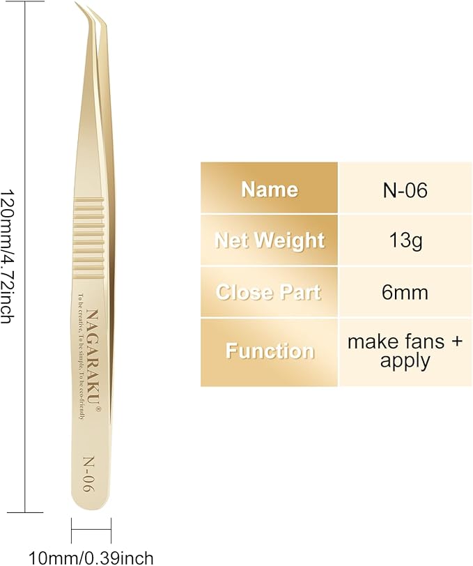NAGARAKU Gold Tweezers for Eyelash Extensions Curved Angled Volume Cluster Super Light Weight Easy Fanning Tweezers Stainless Steel Precision (N-06)