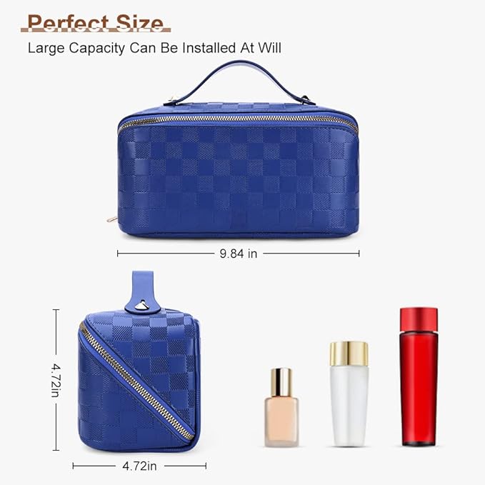 Cessfle Large Capacity Travel Cosmetic Bag Plaid Checkered Makeup Bag Portable Leather Waterproof Skincare Bag with Handle and Divider for Women 01-Blue