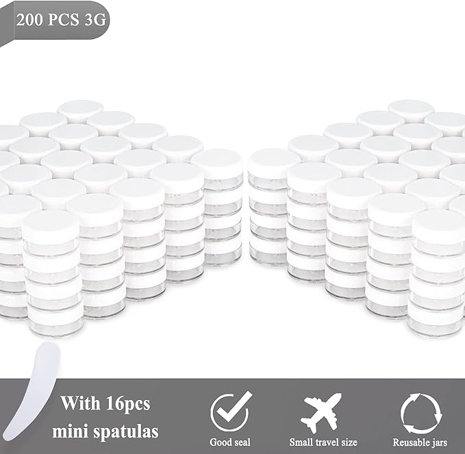 200PCS 3 Gram Sample Containers, 3ml Empty Jars with Lids, Small Cosmetic Containers, Mini Sample Jars with 16PCS Mini Spatulas for Make Up, Oils, Lotion, Powder, Paint, Jewelry, Lip Balms(White Lid)